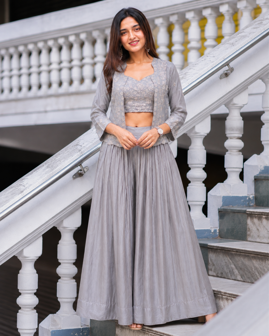 Grey Embroidered Chiffon Co-ord Set