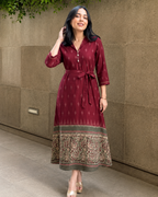 Maroon Printed Rayon Belted Midi Dress