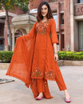 Rust Orange Floral Embroidered Dress Set