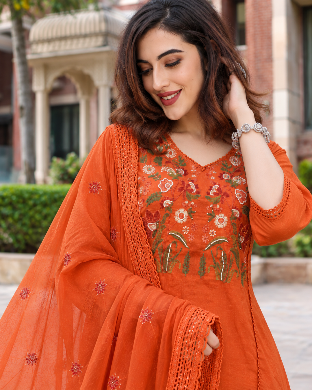 Rust Orange Floral Embroidered Dress Set