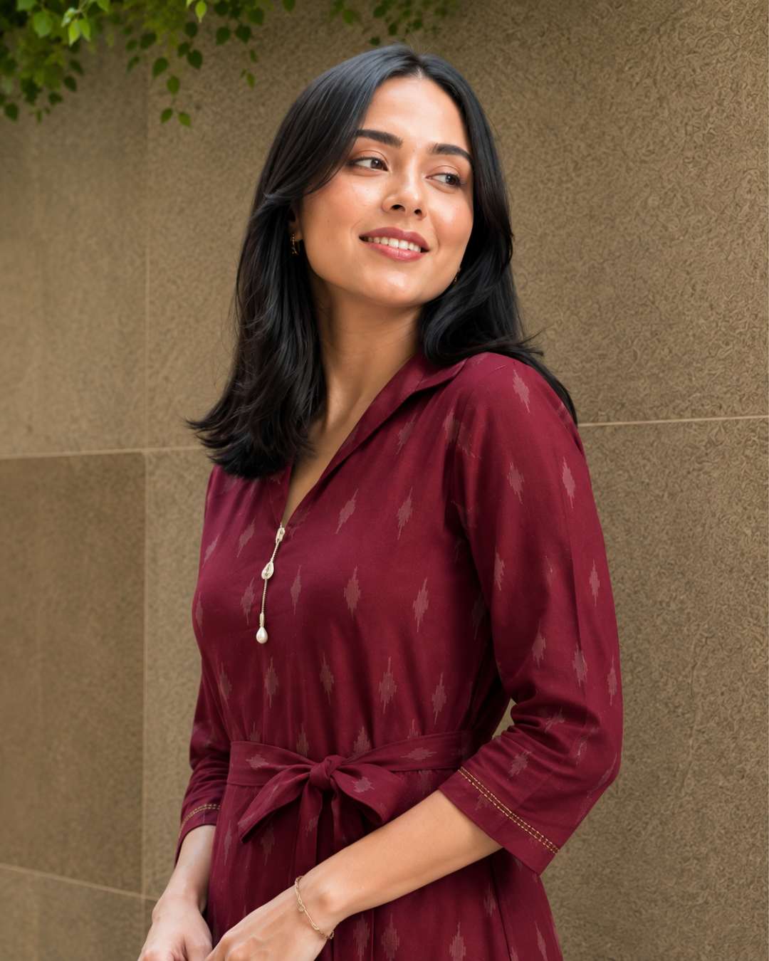 Maroon Printed Rayon Belted Midi Dress