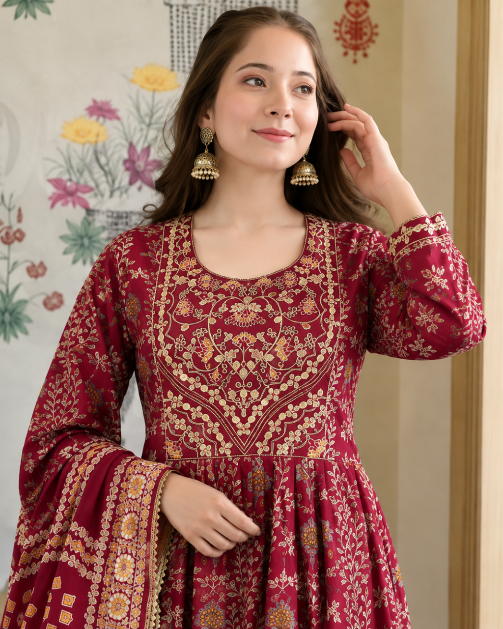 Maroon Red Anarkali Flared Suit Set
