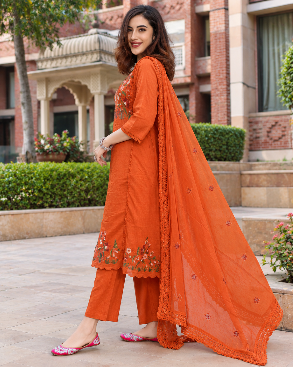 Rust Orange Floral Embroidered Dress Set