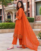 Rust Orange Floral Embroidered Dress Set