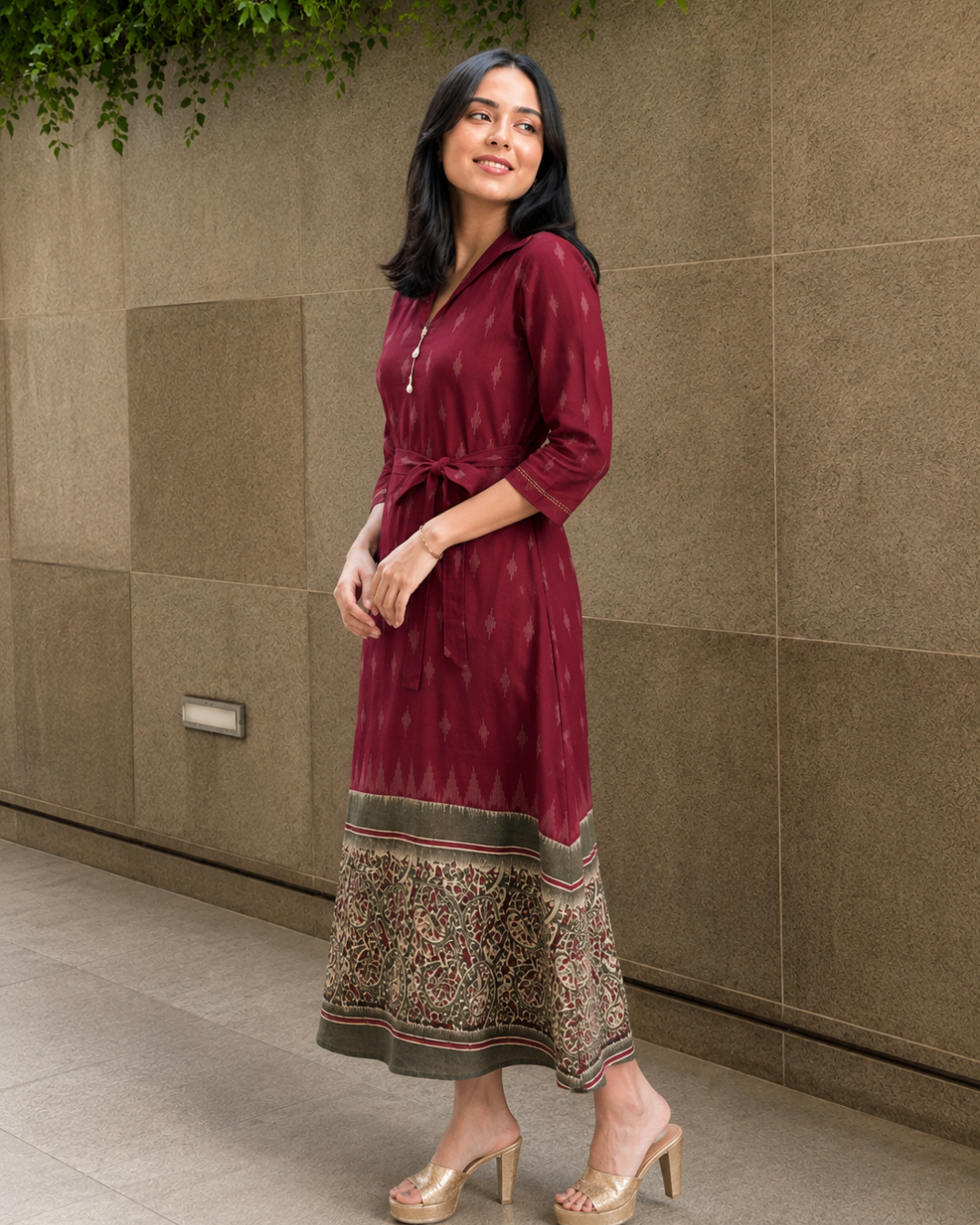 Maroon Printed Rayon Belted Midi Dress