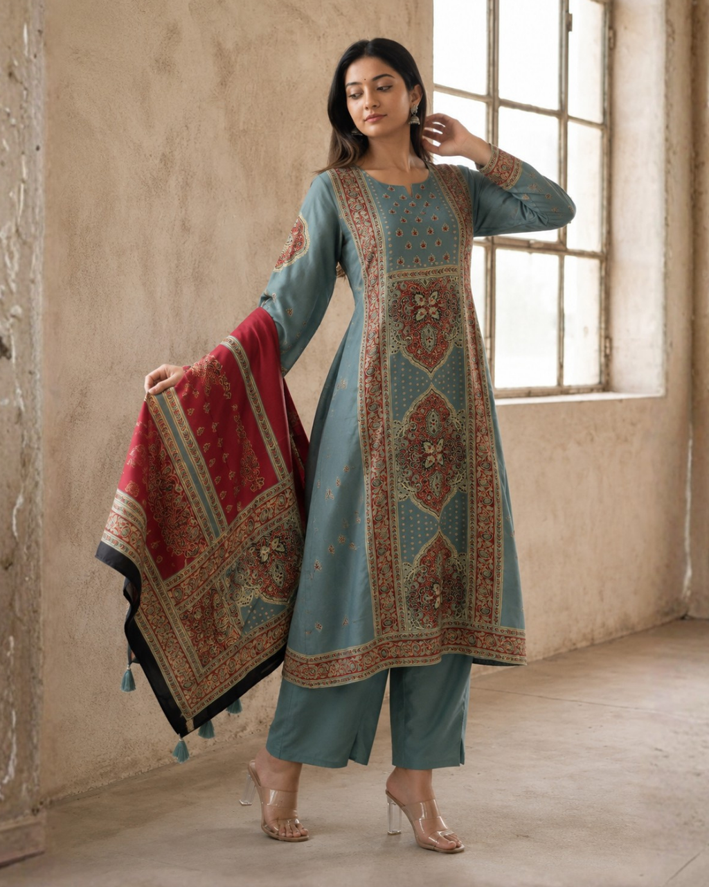 Dusty Teal Blue Pure Muslin A-Line Suit Set