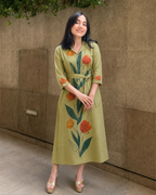 Olive Green Hand-Painted Linen Cotton Dress