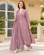 Dusty Mauve Floral Embroidered Flared Dress Set