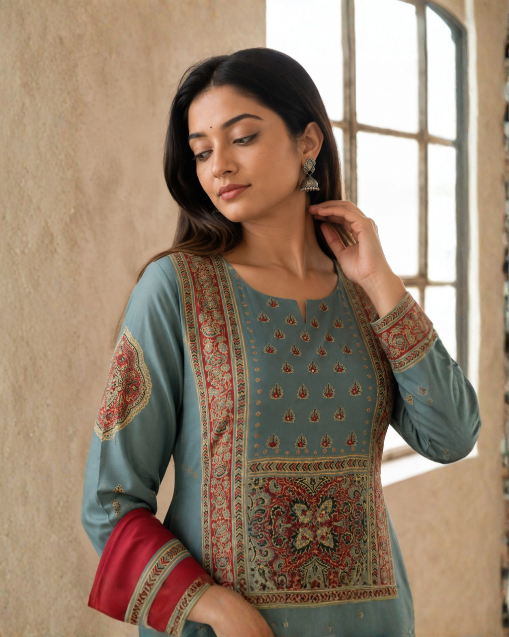 Dusty Teal Blue Pure Muslin A-Line Suit Set