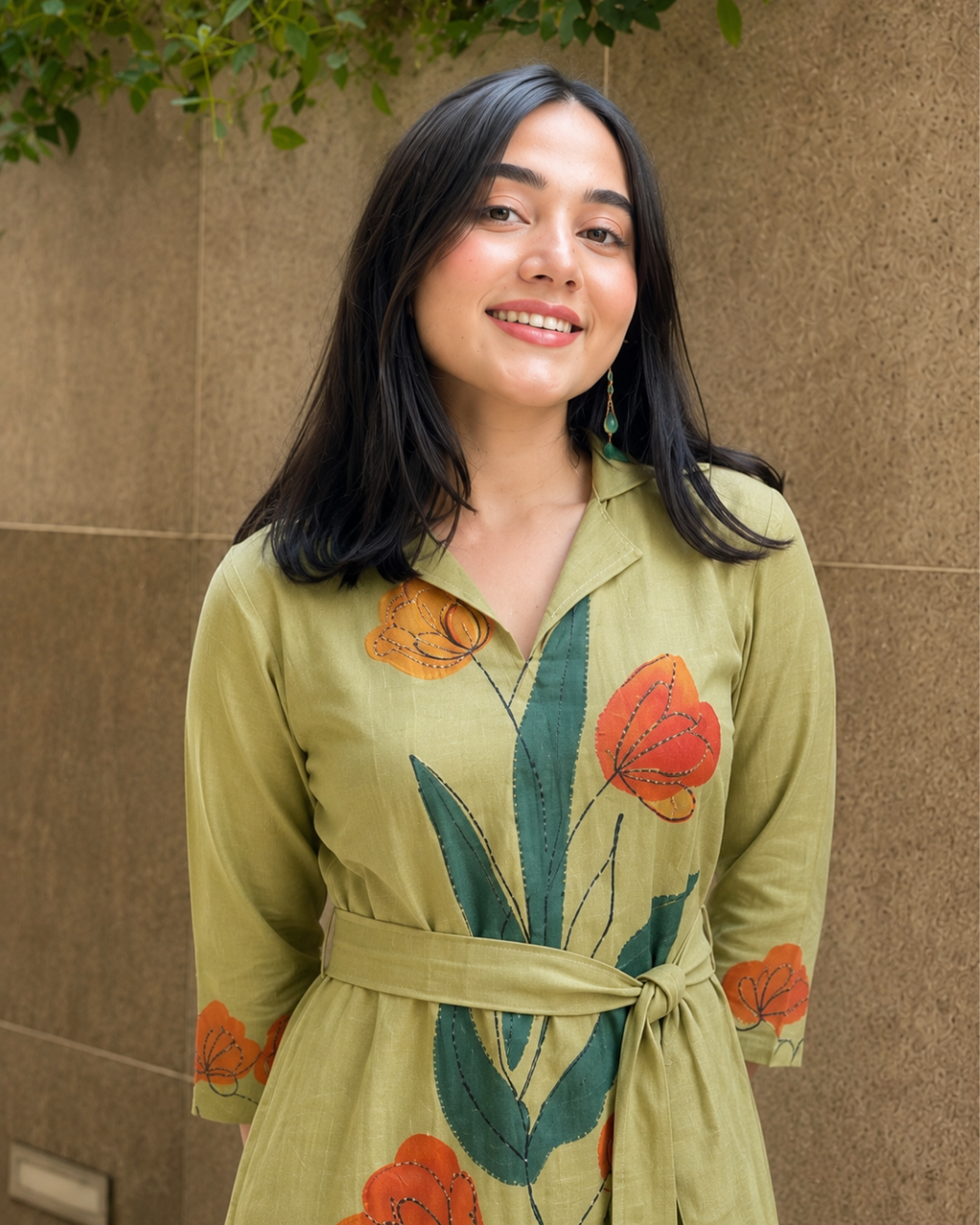 Olive Green Hand-Painted Linen Cotton Dress