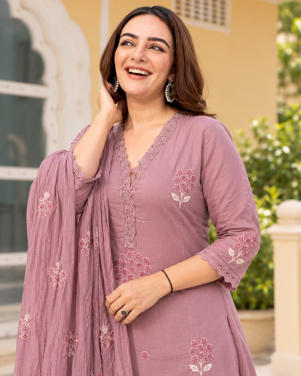 Dusty Mauve Floral Embroidered Flared Dress Set