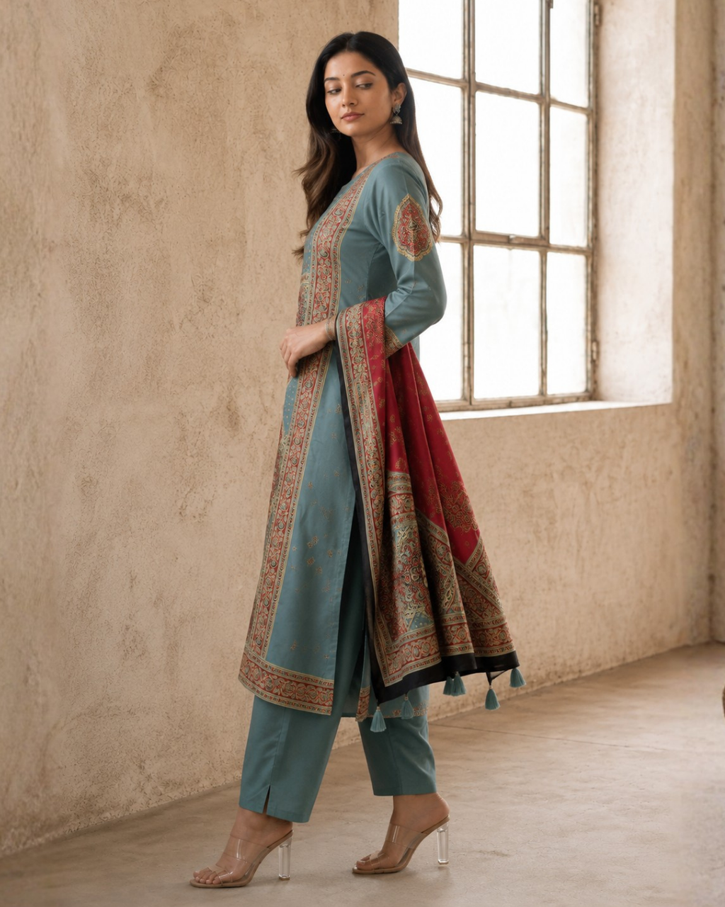 Dusty Teal Blue Pure Muslin A-Line Suit Set