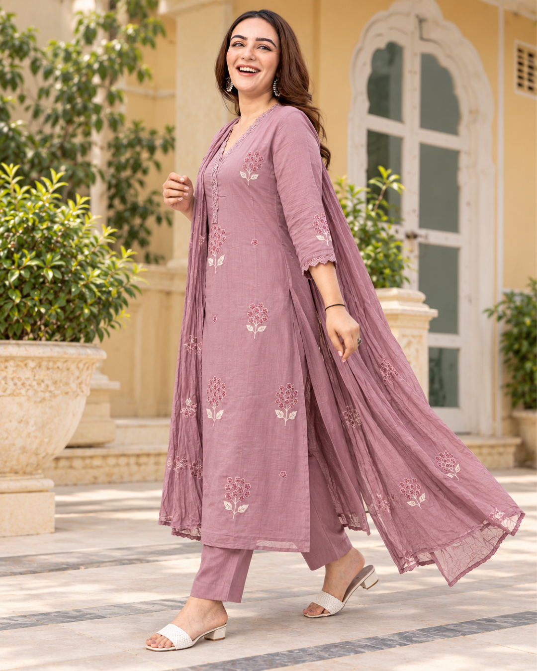 Dusty Mauve Floral Embroidered Flared Dress Set
