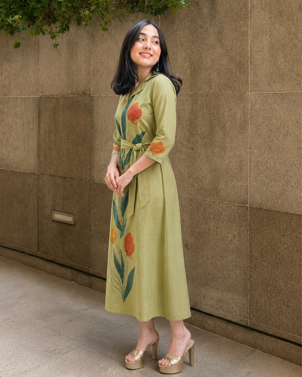 Olive Green Hand-Painted Linen Cotton Dress