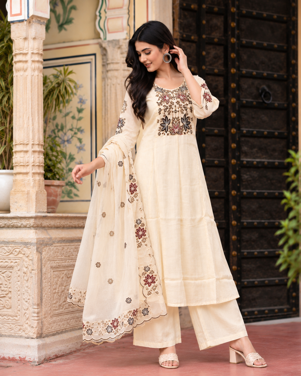 Ivory Floral Yoke Anarkali Set