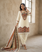 Ivory Cream Pure Muslin Embroidered Salwar Set