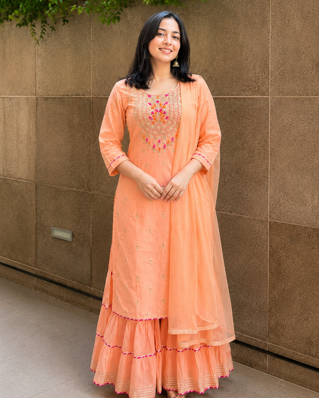 Peach Embroidered Muslin Chanderi Sharara Set