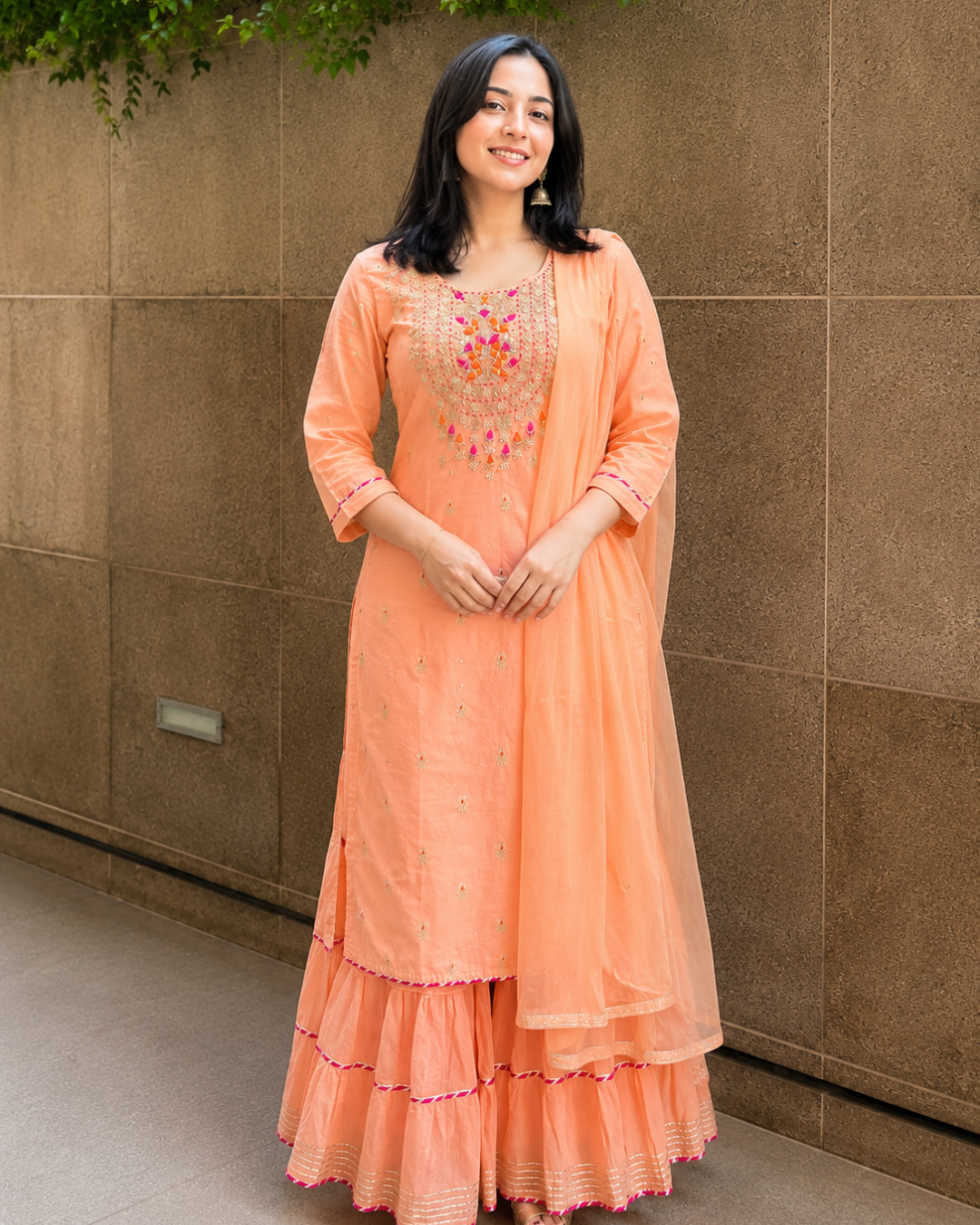 Peach Embroidered Muslin Chanderi Sharara Set