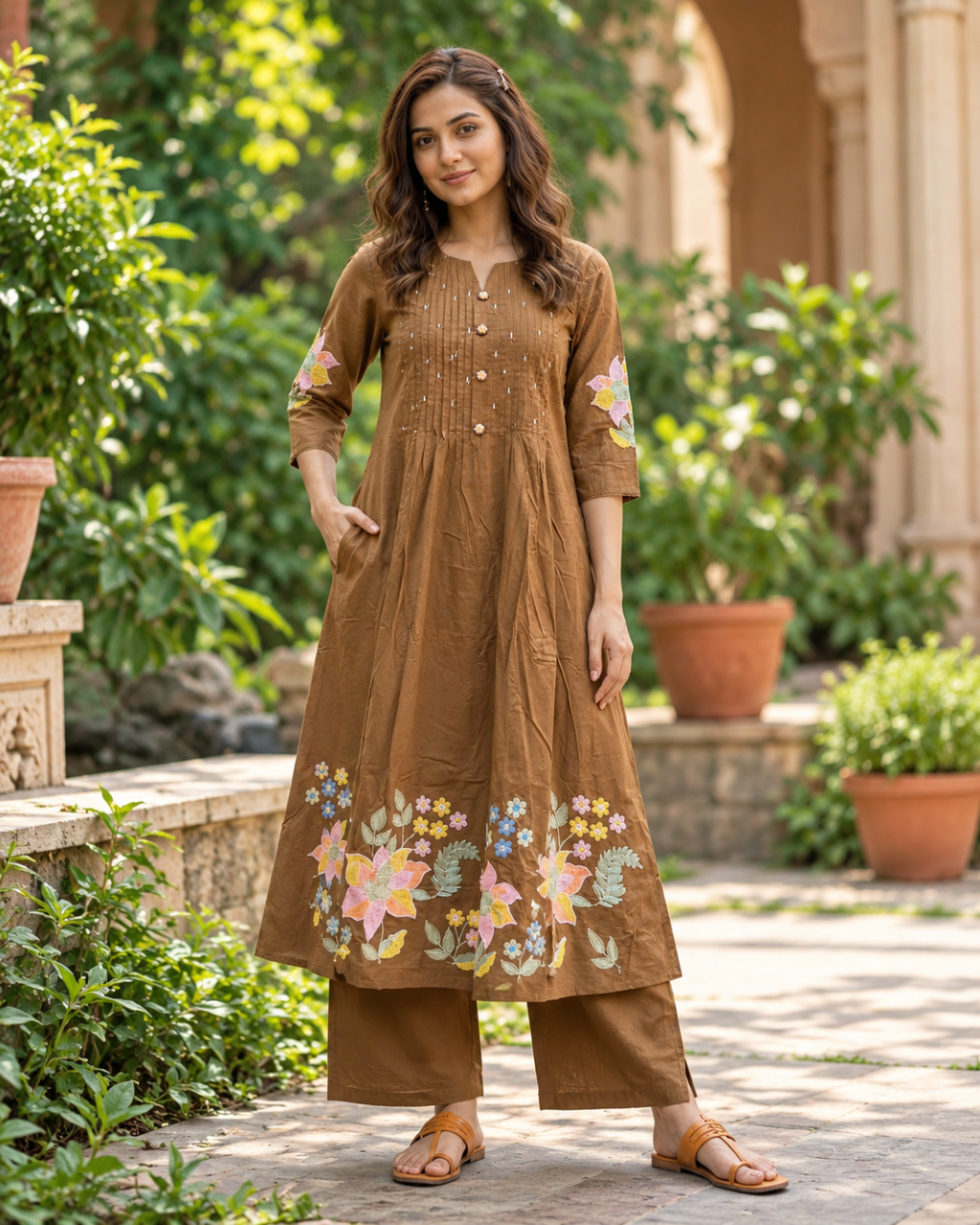 Caramel Floral Applique Dress Set
