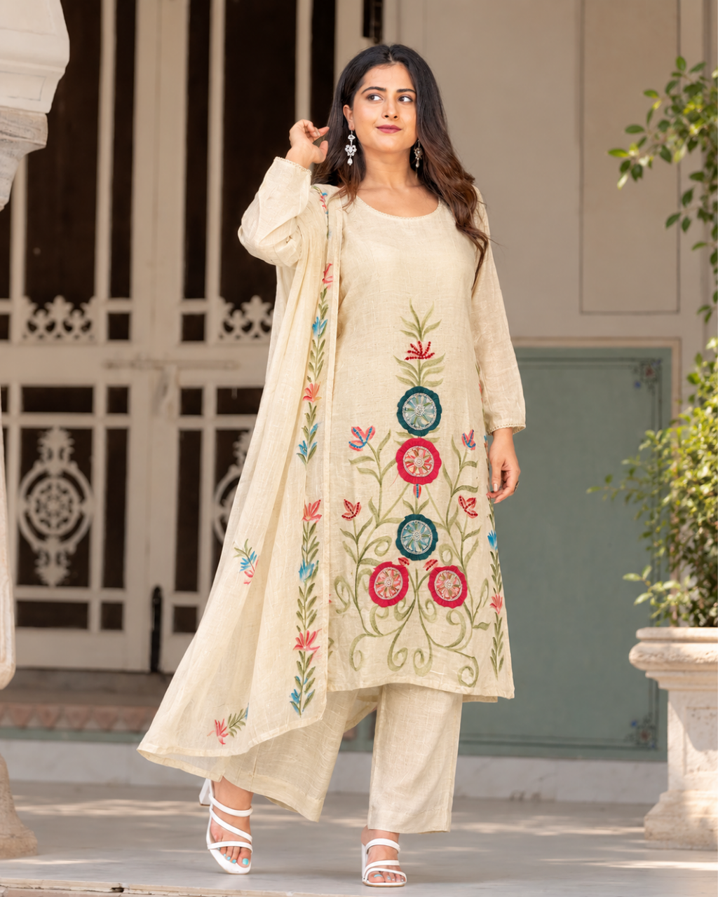 Ivory Beige Tree of Life Embroidered Dress Set