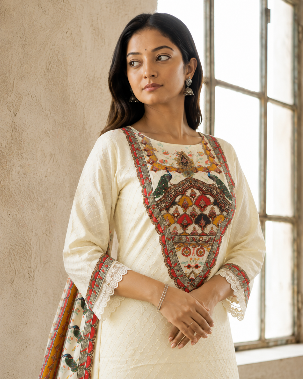 Ivory Cream Pure Muslin Embroidered Salwar Set