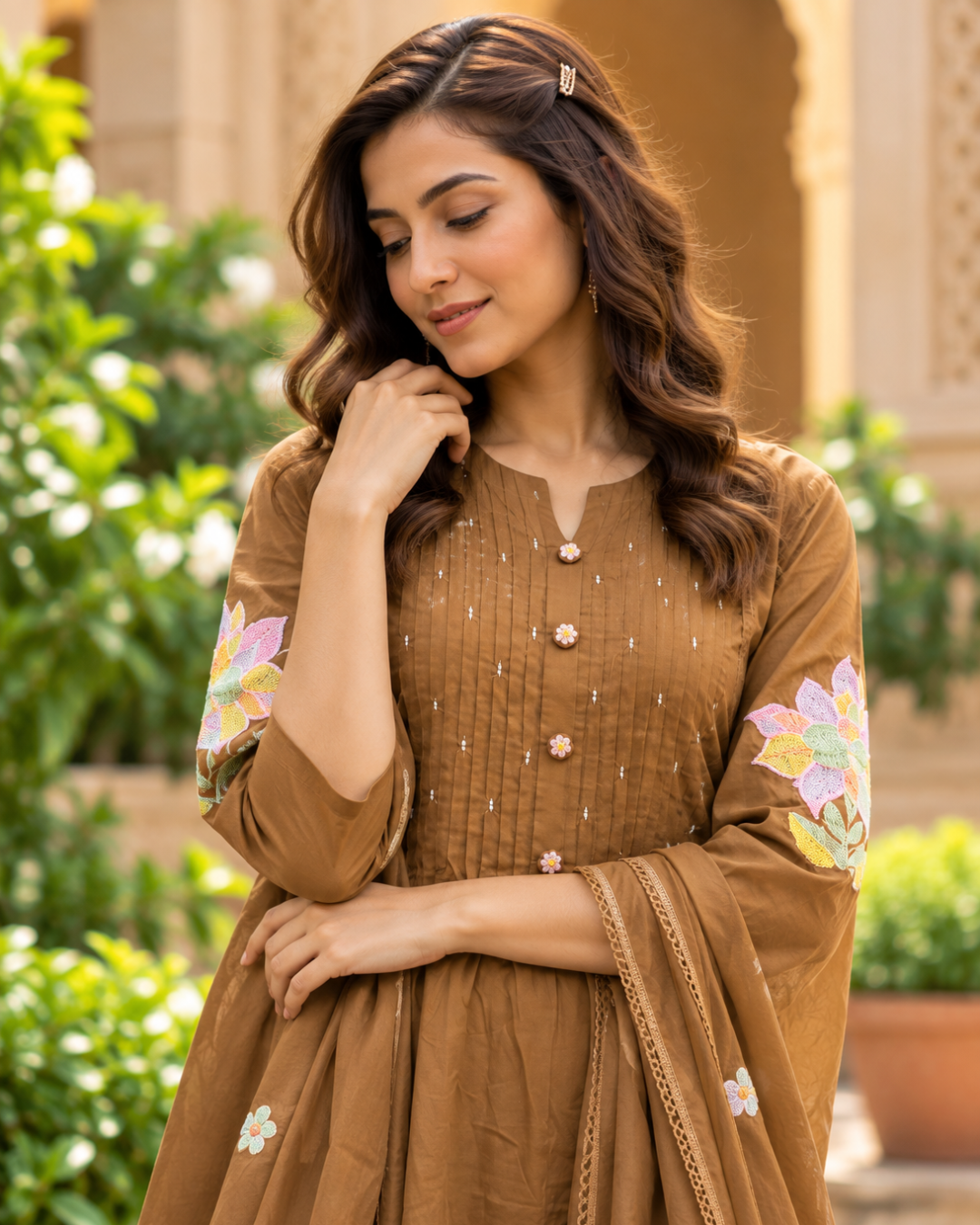 Caramel Floral Applique Dress Set