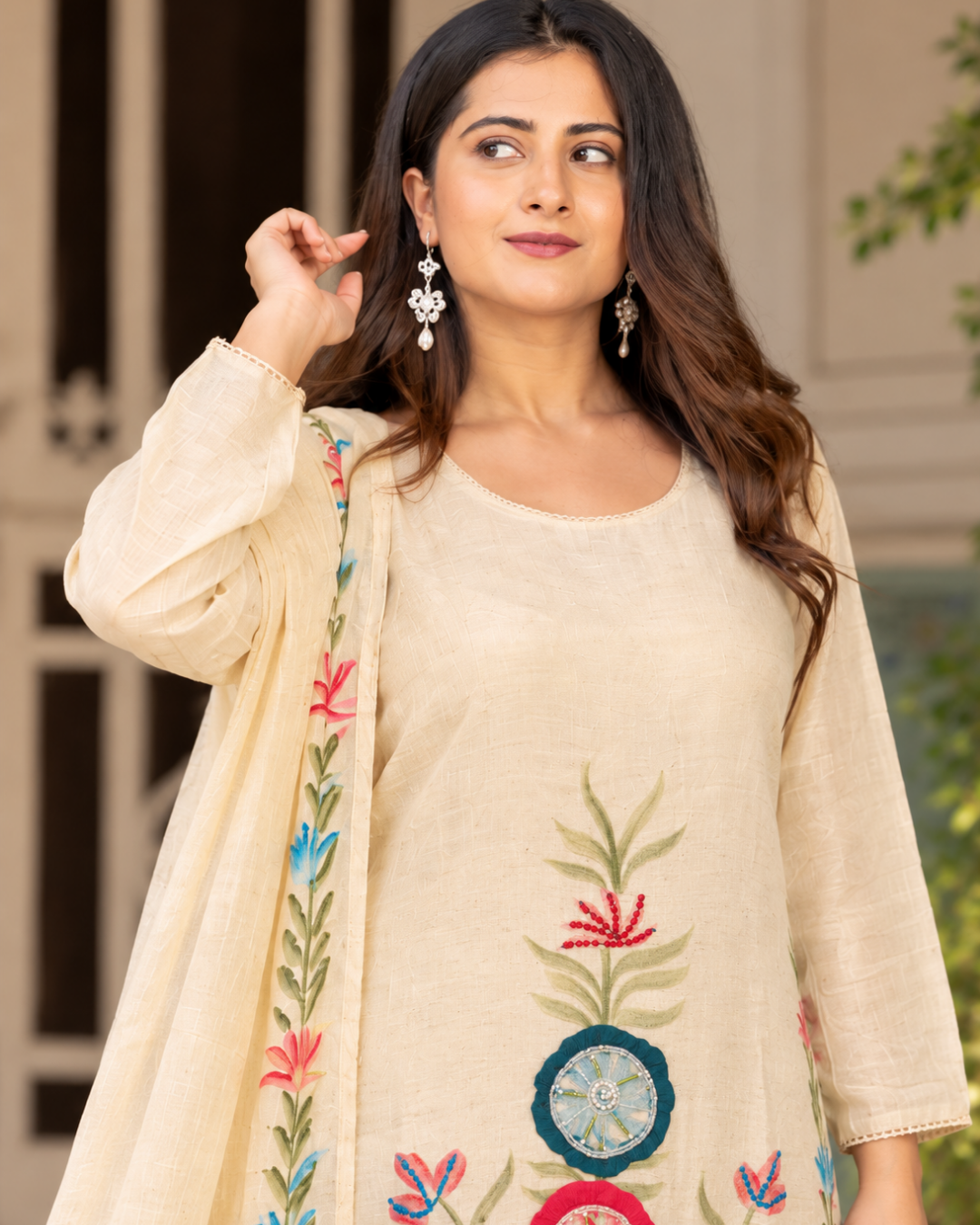 Ivory Beige Tree of Life Embroidered Dress Set