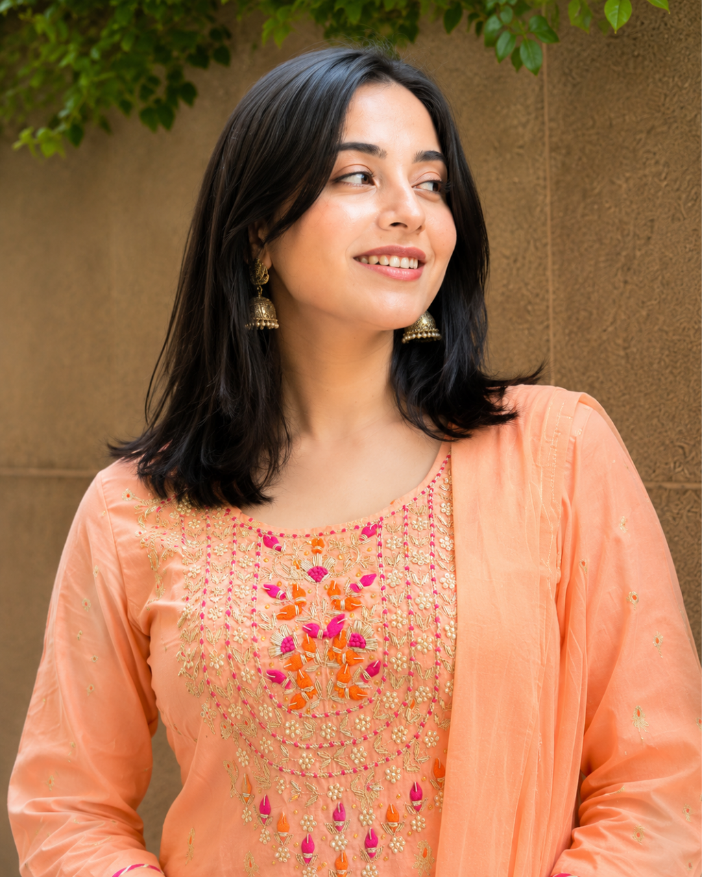 Peach Embroidered Muslin Chanderi Sharara Set