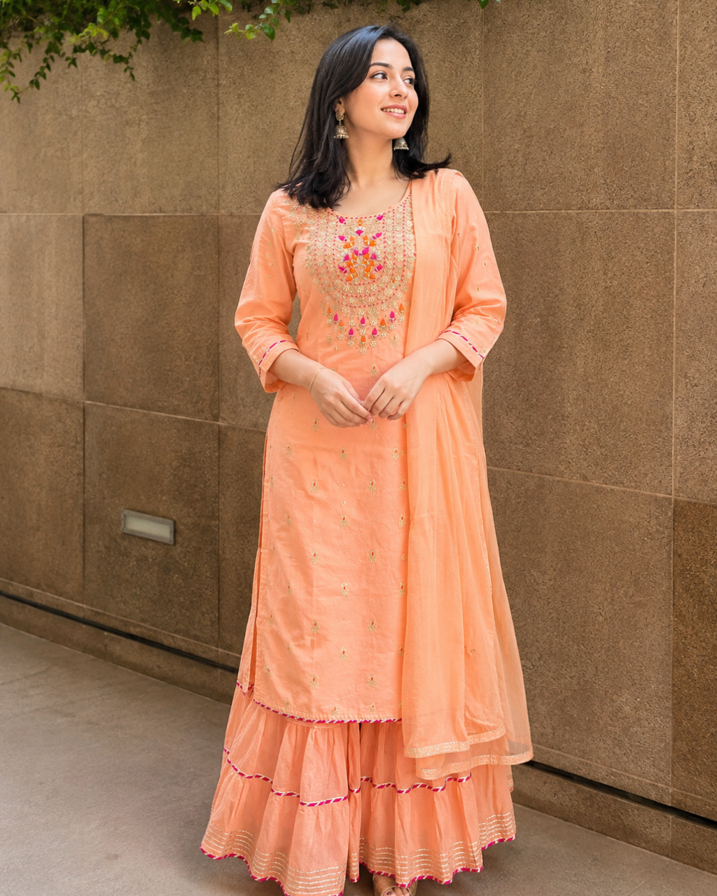 Peach Embroidered Muslin Chanderi Sharara Set