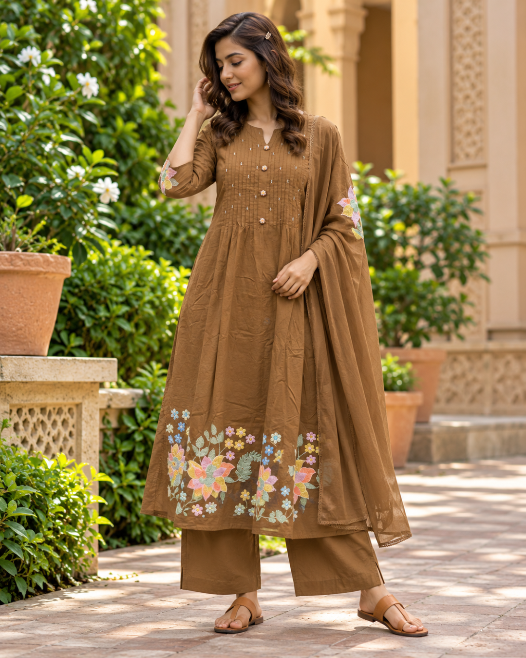 Caramel Floral Applique Dress Set