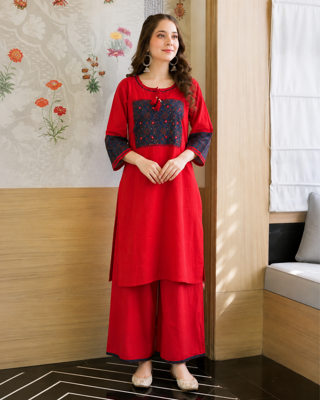 Crimson Red Dabu Cotton Embroidered Co-Ord Set