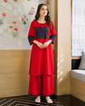 Crimson Red Dabu Cotton Embroidered Co-Ord Set