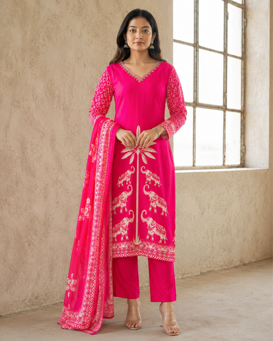 Hot Pink Elephant Print Pure Crepe Suit Set