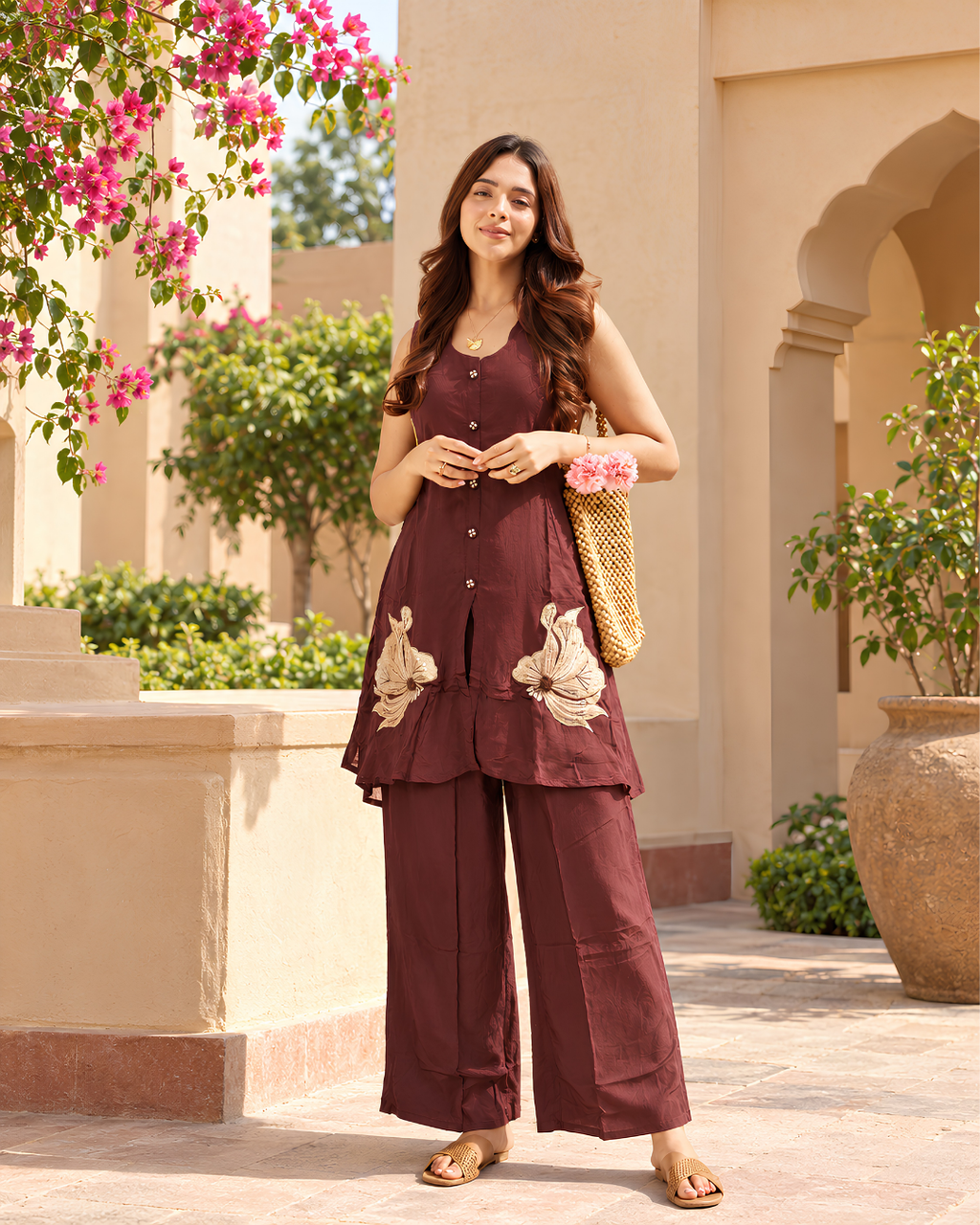 Chocolate Brown Embroidered Tunic Dress Set
