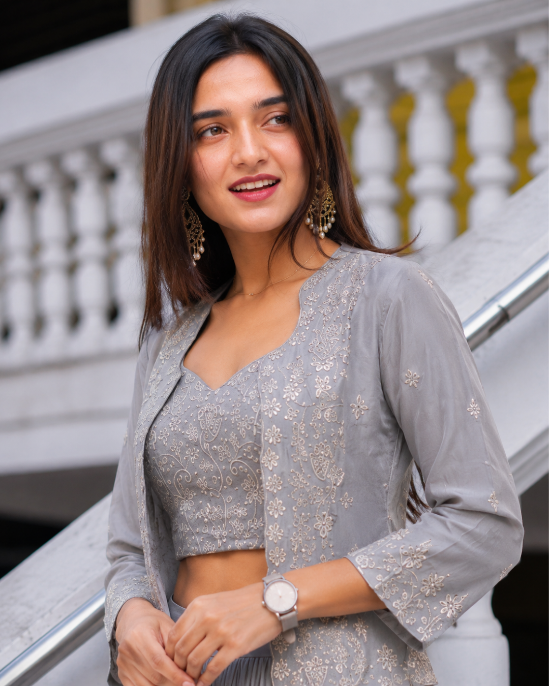 Grey Embroidered Chiffon Co-ord Set
