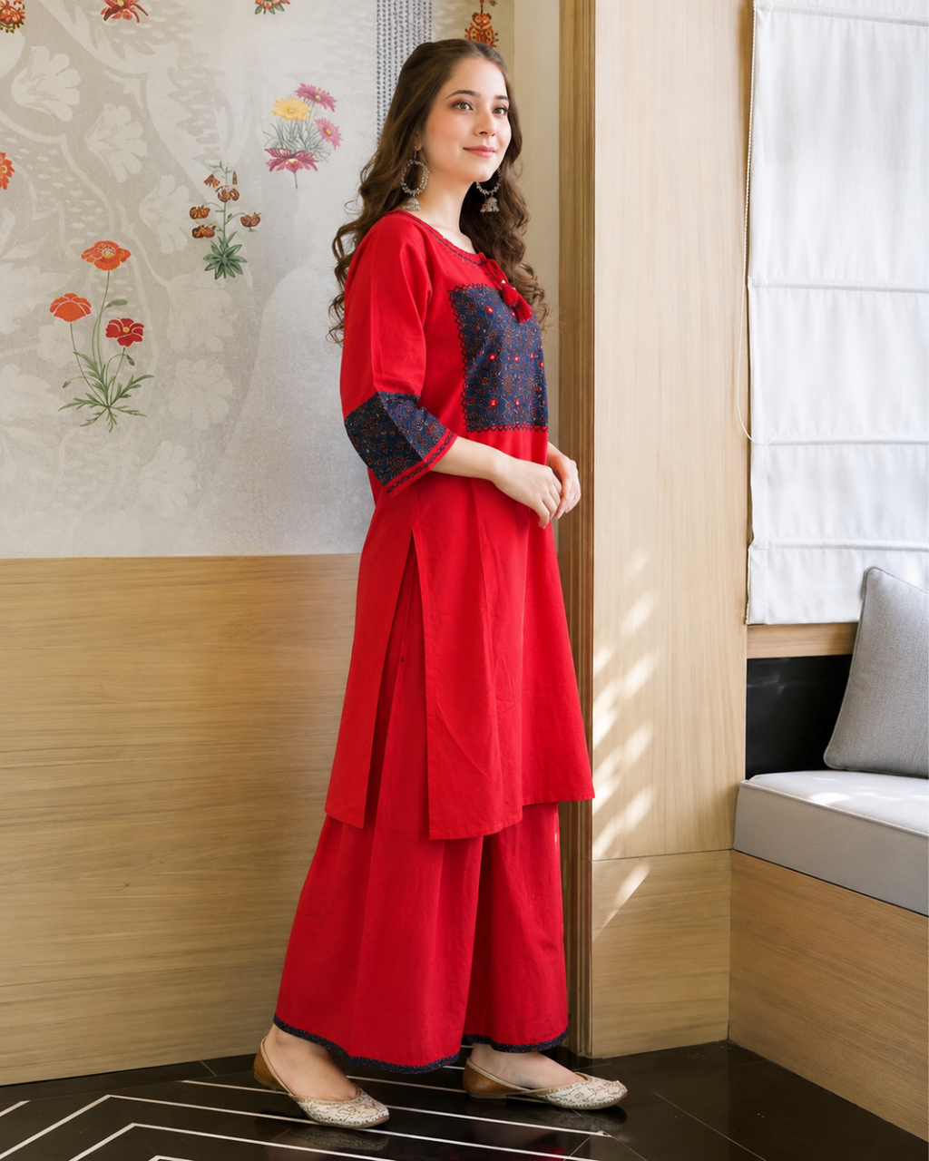 Crimson Red Dabu Cotton Embroidered Co-Ord Set