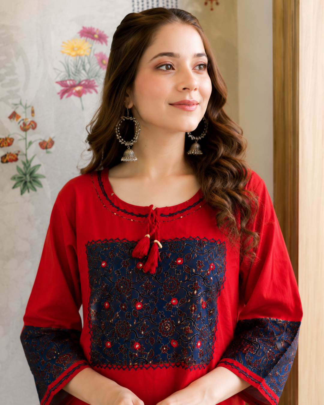Crimson Red Dabu Cotton Embroidered Co-Ord Set