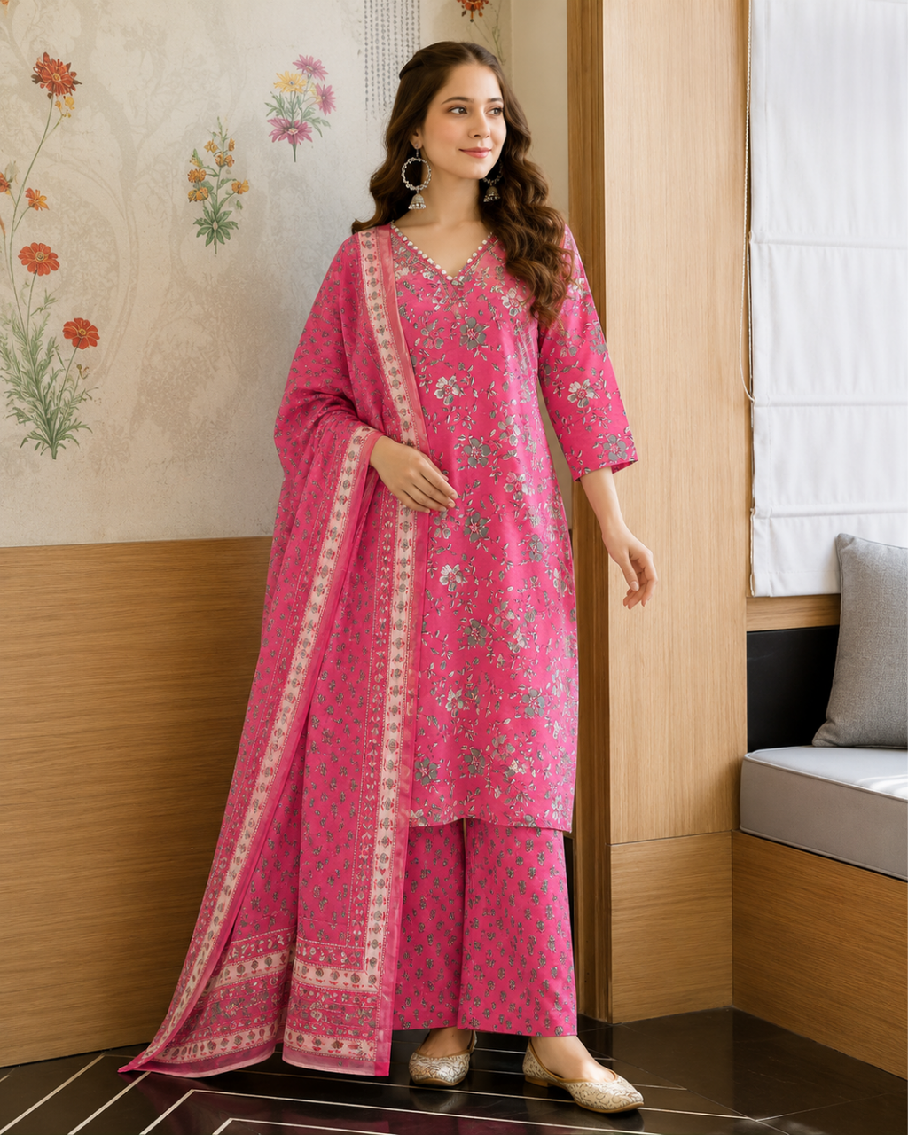 Rani Pink Floral Block Print Palazzo Suit Set