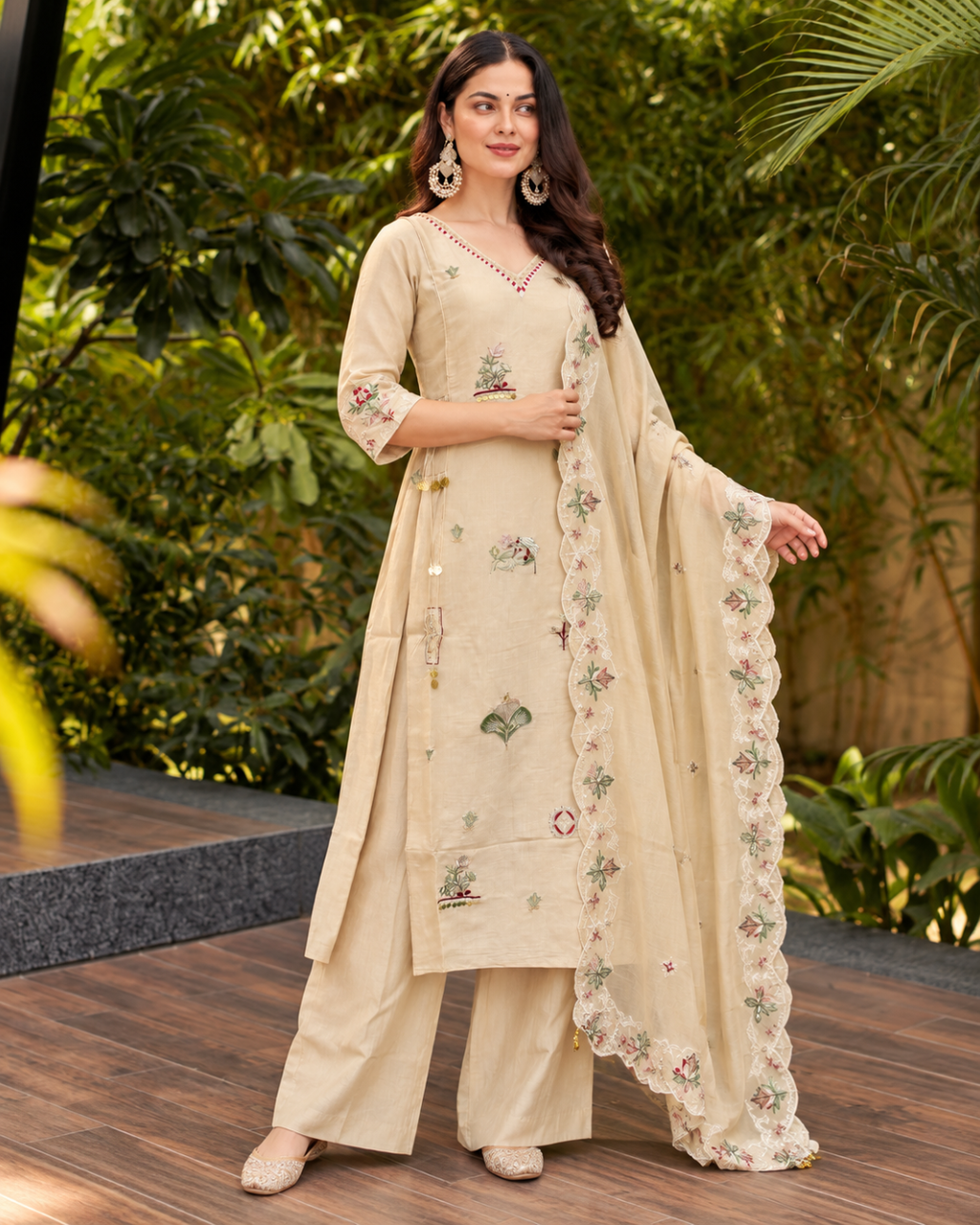 Beige Resham Floral Sharara Set