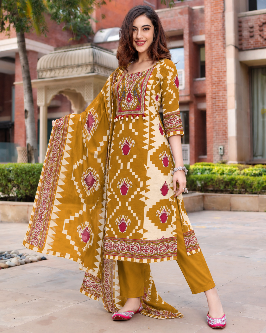 Mustard Yellow Geometric Ikat Print Dress Set