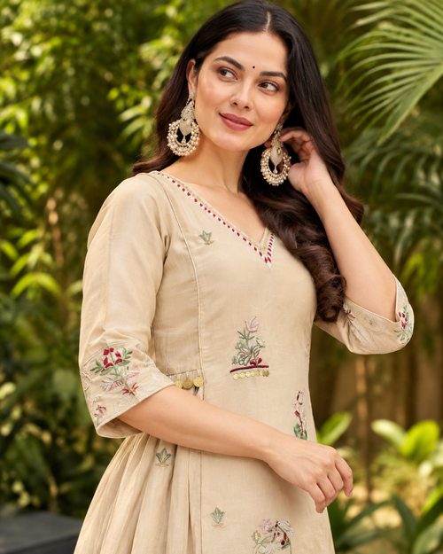 Beige Resham Floral Sharara Set