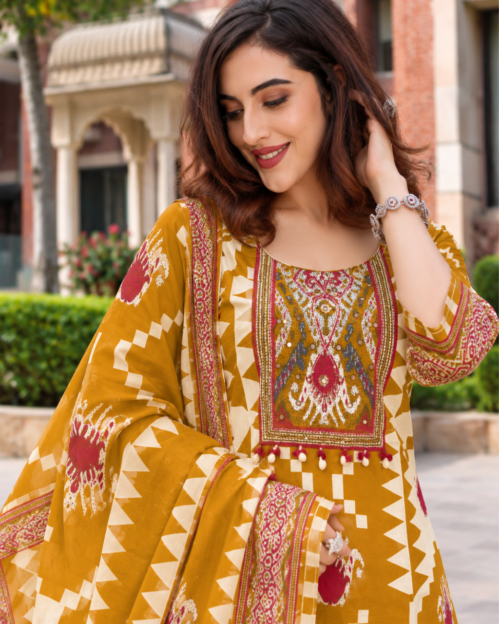 Mustard Yellow Geometric Ikat Print Dress Set