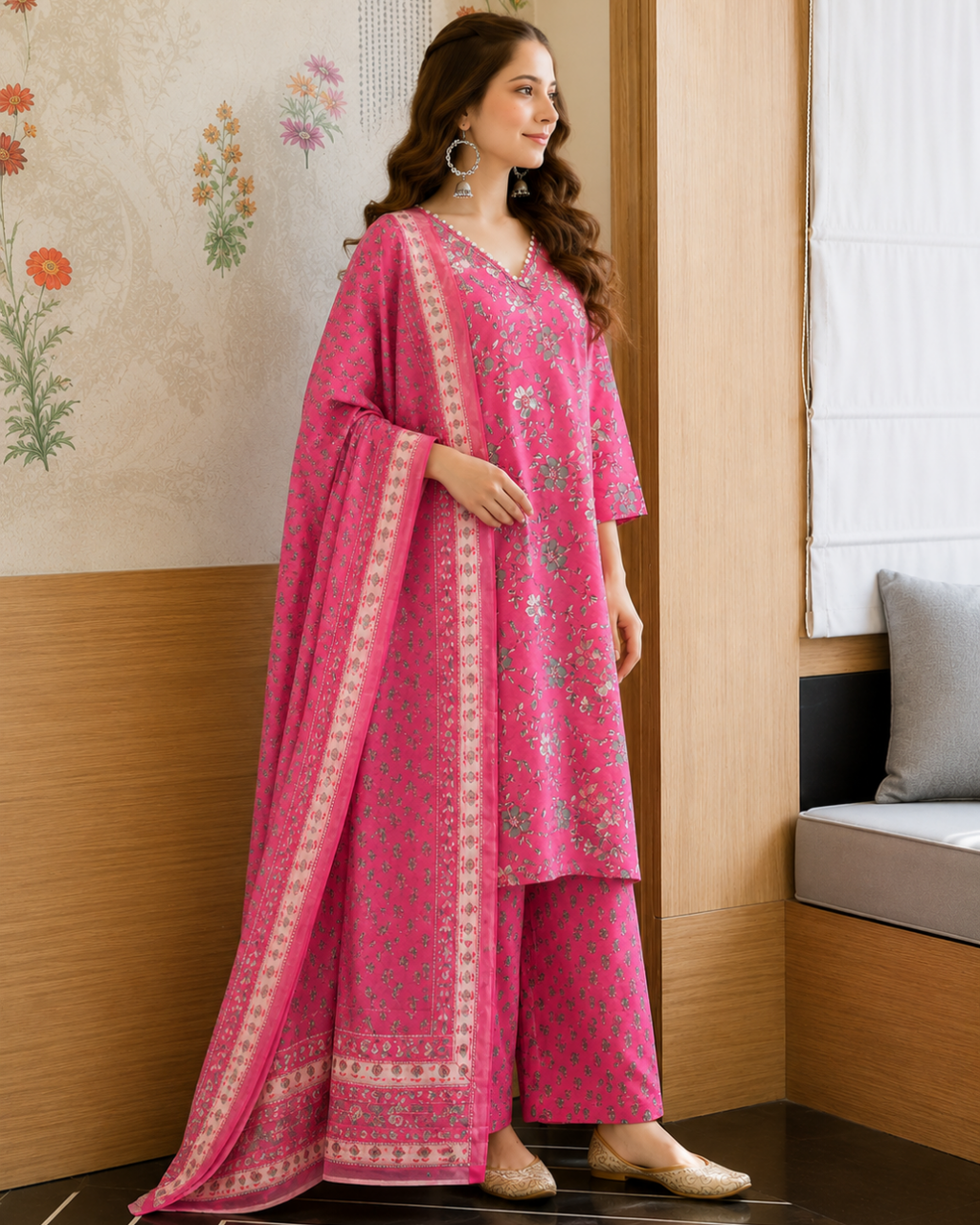 Rani Pink Floral Block Print Palazzo Suit Set