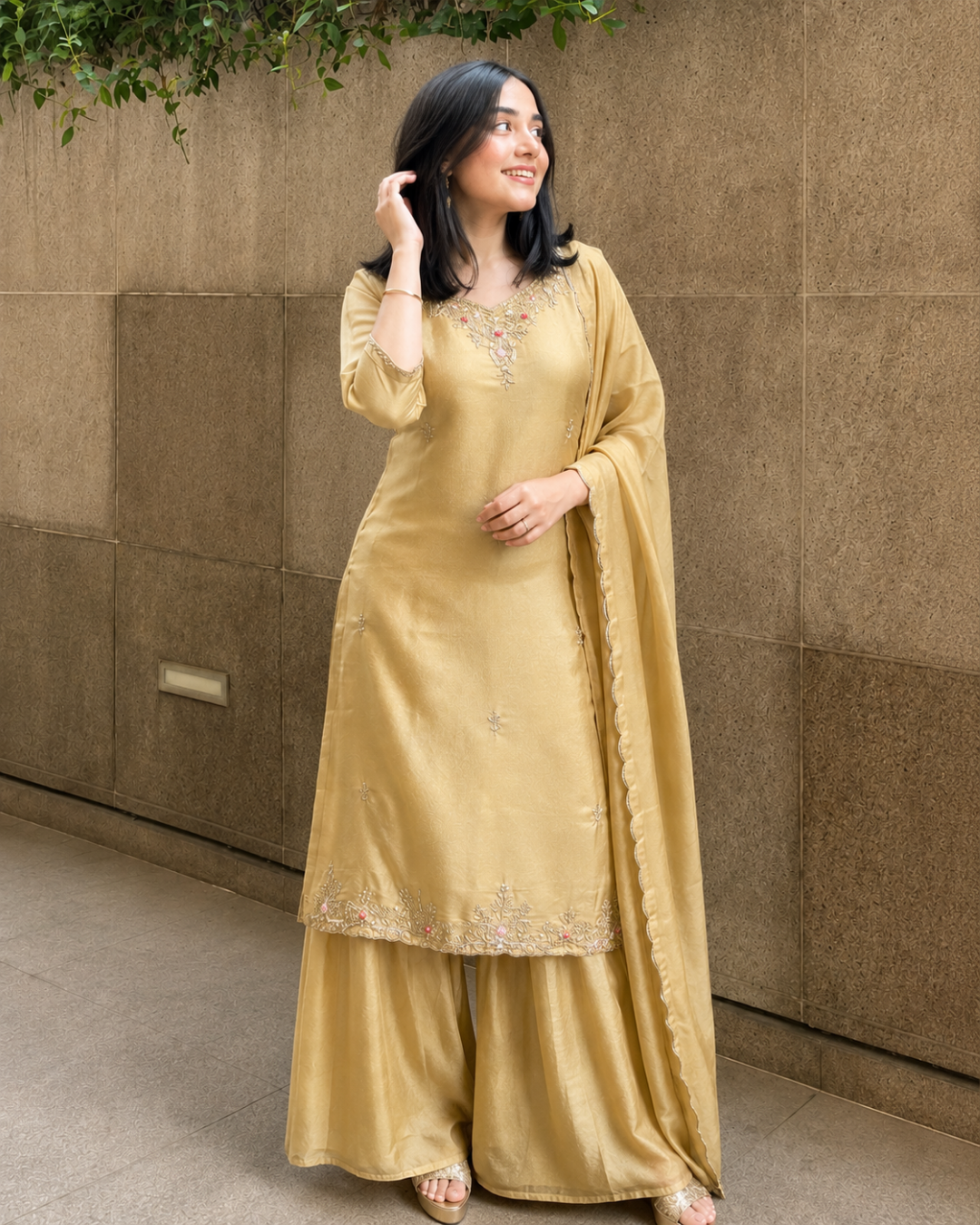 Cream & Teal Floral Cambric Cotton Suit