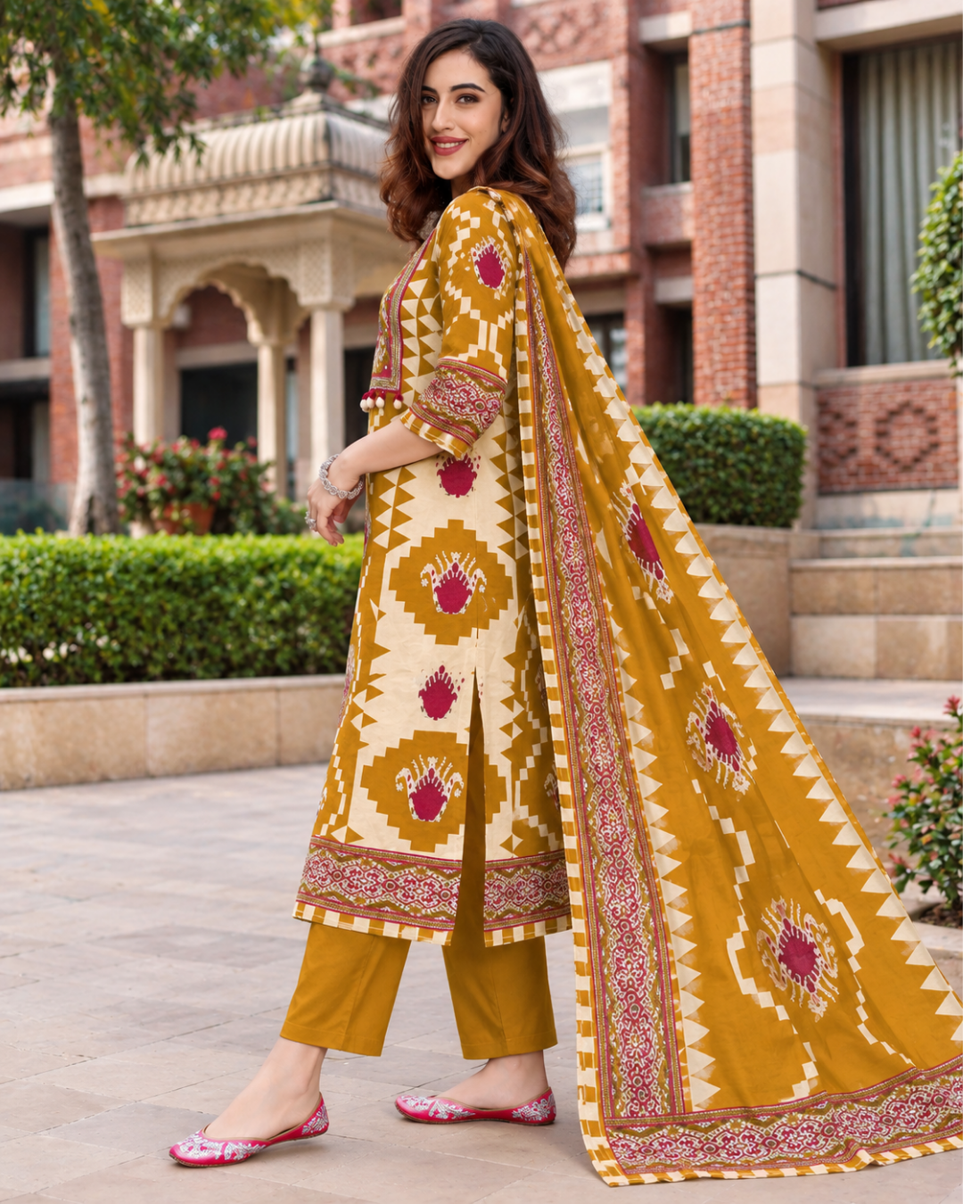 Mustard Yellow Geometric Ikat Print Dress Set