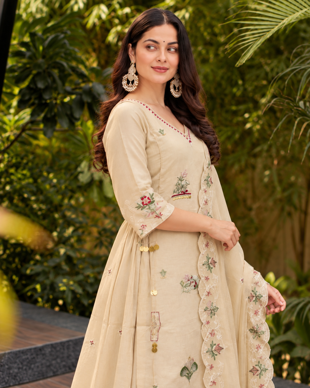 Beige Resham Floral Sharara Set