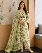 Sage Olive Floral Pure Cotton Kurta Set