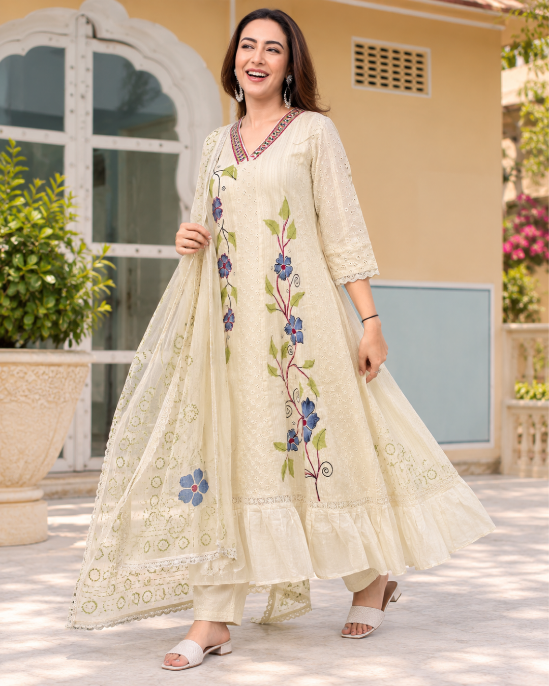 Ivory White Floral Embroidered Anarkali Set