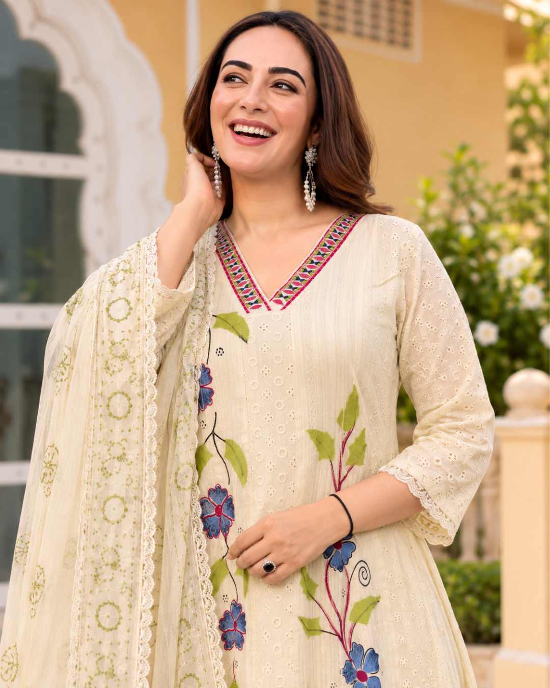 Ivory White Floral Embroidered Anarkali Set
