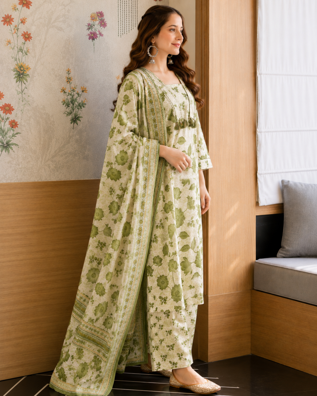 Sage Olive Floral Pure Cotton Kurta Set